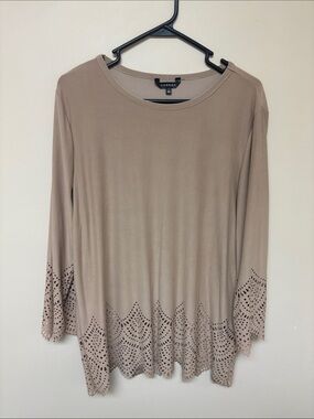 Hannah Taupe Long-Sleeve Top with Laser-Cut Hem